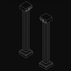 Poster - Black and white columns with intricate contour details stand against a dark background. The stark contrast highlights their unique designs and elegant shapes.
