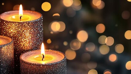 Poster - Glitter candles with glowing flames create a warm ambiance in a cozy setting during a festive evening, Three glittery candles with glowing flames and bokeh lights in background