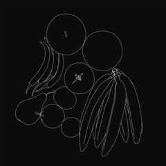 Poster - Black and white contour drawing of clustered fruits on a solid black background. The overlapping arrangement creates depth and visual interest. The minimalist style highlights the clean outlines.