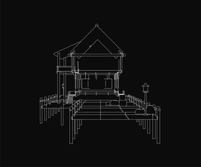 Poster - A black and white contour drawing depicts a house on a coastal pier, featuring a prominent light pole in the foreground. The dark background emphasizes the stark silhouette of the structure.