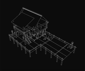 Poster - A 3D model of a modern house with clean contours stands against a black background, highlighting its architectural details. The design evokes a coastal aesthetic with smooth lines and balanced.