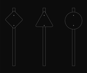 Poster - Three black and white road signs stand out against a solid black background. The tallest sign is centered, flanked by two smaller signs in a triangular formation.