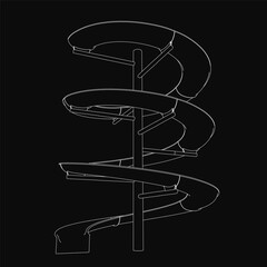 Poster - A white line art spiral slide for kids isolated on black background, featuring a smooth looping design with symmetrical curves and clean vector illustration.