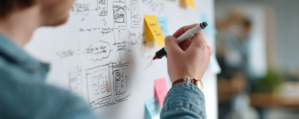 Poster - Conceptual image of a person designing layouts and workflows on a whiteboard with sticky notes. Suitable for illustrating collaboration, brainstorming, and innovation.