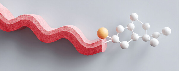 Poster - Abstract science concept. 3D render of a molecular structure connected to a wavy form. Modern design for biology, chemistry, or medicine visual.