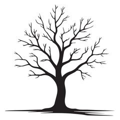 Vector art of a stark black silhouette of a bare deciduous tree with intricate branches stands isolated on a clean white background, symbolizing winter