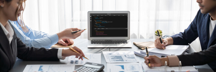 Poster - Business intelligence and data analysis concept. Analyst team working on financial data analysis dashboard on laptop screen as marketing indication for effective business strategic planning. Insight