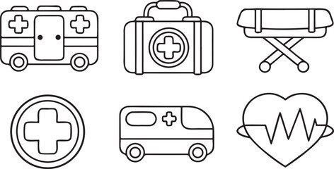 Fototapete - Isolated emergency services vector icon set, ambulance van, first aid kit, emergency hotline, heart rate monitor, medical stretcher, red cross, health service outline design