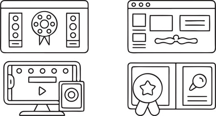 Fototapete - Isolated online learning vector icon pack, video tutorial play, live webinar, course progress bar, graduation certificate, quiz test, virtual classroom, flat educational set