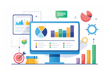 Poster - data analysis graphs chart on the screen flat vector elements illustration modern business report