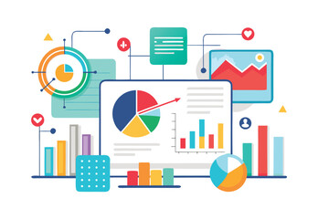 Poster - business data analysis charts and graphs flat vector elements on computer screen illustration