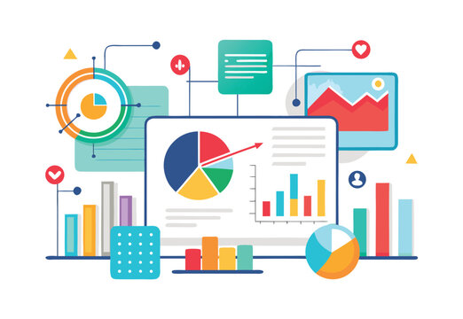 business data analysis charts and graphs flat vector elements on computer screen illustration
