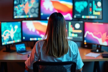 Aufkleber -  Aerial View of Young Woman Surrounded by Colorful Designs and Graphics on Multiple Monitors at Desk