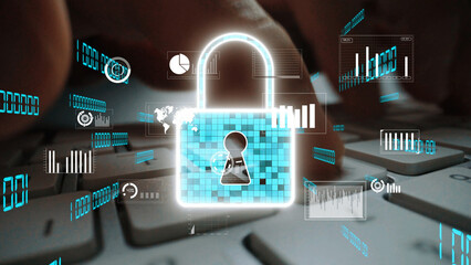 Poster - An illustration of digital security featuring a padlock symbol and data charts. This image emphasizes the significance of data protection and cyber security measures. Xenic