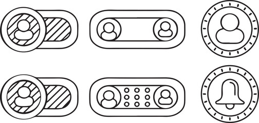 Fototapete - Isolated mobile UI interface icons, toggle button switch, navigation bar, search magnifier, bell notification alert, menu options, profile symbol, minimal app component design