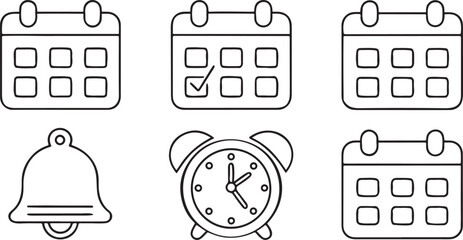 Fototapete - Isolated time management and productivity icons, editable calendar, ringing alarm clock, task reminder alert, work schedule, deadline chart, efficient planning vector bundle