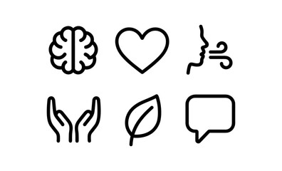 Poster - Minimalist icon set: brain, heart, breathing, hands, leaf, and speech bubble