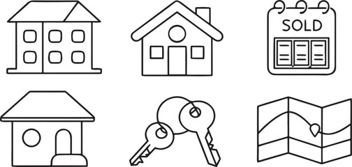 Poster - Isolated real estate and property business icons, house for rent, sold board tag, apartment building, map location pin, key handover, real estate agent service, flat design