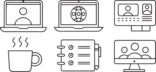 Fototapete - Isolated remote work and home office vector icons, laptop desk setup, video conferencing, work task list, calendar schedule, home productivity, freelance working icon design