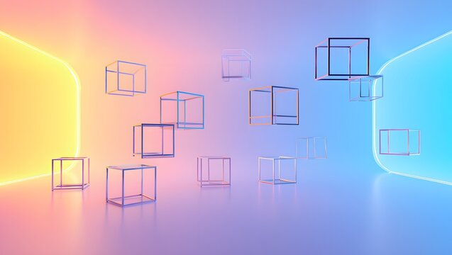 Abstract gradient background with floating wireframe cubes for modern design needs