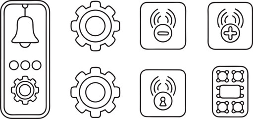 Poster - Isolated alert and settings vector icons, mobile app interface, notification bell, toggle switch, user control gear, permission alert, UI component pack, editable symbols