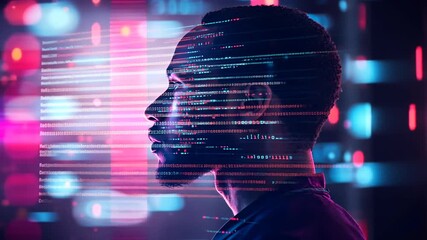 Cyberpunk portrait with code overlay futuristic and digital identity concept video