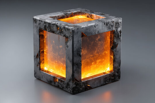 Dark gray metallic cube with glowing orange interior in isometric 3d view