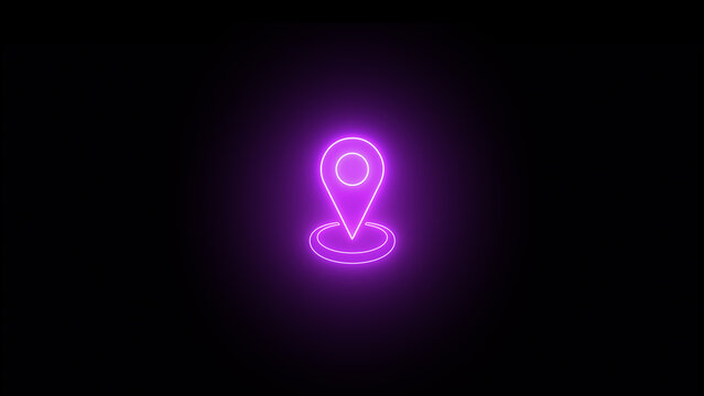 Location neon icon, glowing neon map or location pointer icon on black background.
