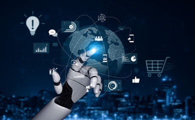 Poster - AI managing global digital marketing, optimizing communication, analyzing data trends, and automating content delivery across diverse online networks. Vouch
