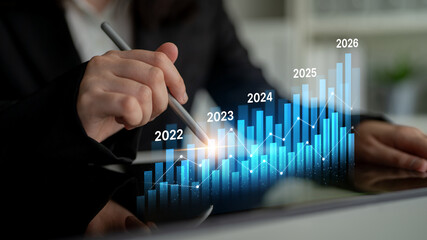 Poster - Business bar chart and line graph showing yearly business growth from 2022 to new year 2026, represent data analytics, future 2026 planning, business 2026 trend, and performance analysis 2026 Latch