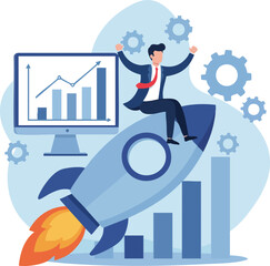Poster - Businessman riding rocket with growth charts and gears symbolizing business success and innovation vector illustration 