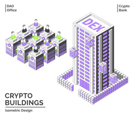 Poster - Cartoon Color DEX and DAO Office Building Crypto City Concept 3d Isometric View Line Elements. Vector illustration