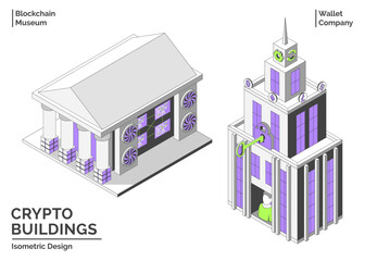 Poster - Cartoon Color Wallet Company and Blockchain Museum Building Crypto City Concept 3d Isometric View Line Elements. Vector illustration