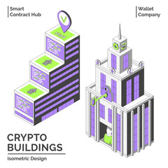 Poster - Cartoon Color Wallet Company and Smart Contract Hub Building Crypto City Concept 3d Isometric View Line Elements. Vector illustration