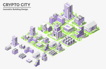 Poster - Cartoon Color Building Architecture Composition and Area Landscape Crypto City Concept 3d Isometric View Line Elements. Vector illustration