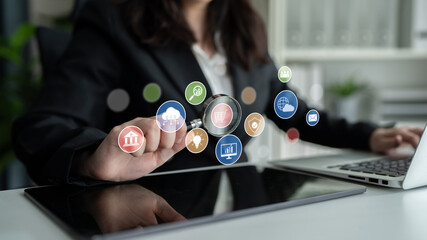 Poster - Set of business and digital service icons representing finance, cloud, analytics, email, communication, ecommerce, cybersecurity, and global connectivity in a modern ecosystem Latch