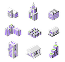 Poster - Cartoon Color Diverse Buildings Architecture Crypto City Concept 3d Isometric View Line Elements Isolated on a White Background. Vector illustration