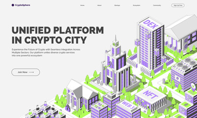 Poster - Cartoon Color Unified Platform in Crypto City Concept Banner 3d Isometric View Line Elements. Vector illustration