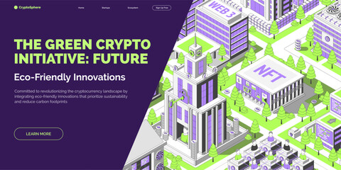 Poster - Cartoon Color Eco Friendly Innovations Crypto City Concept Banner 3d Isometric View Line Elements. Vector illustration