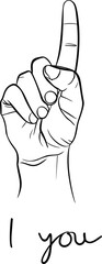 Poster - Hand making i love you sign with outstretched finger in black and white sketch. Vector illustration