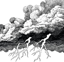 Poster - Intricate black and white illustration of storm clouds and lightning in the sky. Vector illustration