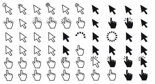 Diverse cursor and hand click icons in outline and solid styles for digital interfaces