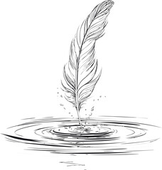 Poster - Feather drawing creating ripples on water surface in black and white sketch. Vector illustration