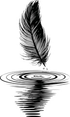 Poster - Feather falling gently onto water creating ripples black and white illustration. Vector illustration