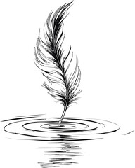 Poster - Feather creating ripples as it gently falls on water, ink illustration. Vector illustration