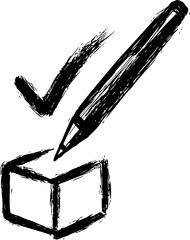 Poster - Black brush sketch of checkmark with pencil drawing near checkbox, artistic concept. Vector illustration