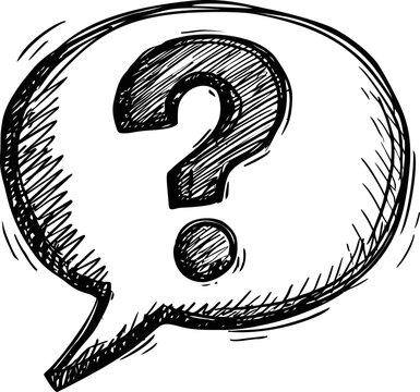 Sketchy black and white question mark inside speech bubble drawing. Vector illustration