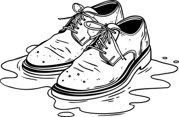 Poster - Shoes standing in a puddle in monochrome illustration, artistic design concept. Vector illustration
