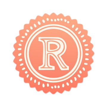 Letter R in Embossed Rosette Medallion with Dots and Scalloped Edges in Coral