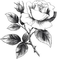 Wall Mural - black and white illustration of a blooming rose with detailed leaves, botanical art. vector illustra